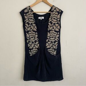 Tibi 100% Silk Mini Black and Tan Floral Sleeveless Dress Draped Pockets Size 2